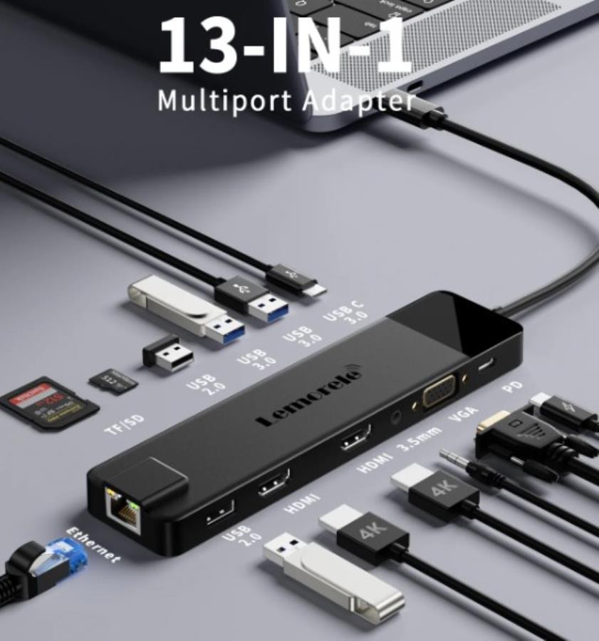 Lemorele TC100L - HUB USB 3.0 - USB-C a 3 x USB-A + 2 x HDMI + Ethernet GB + Lector Tarjetas + USB-C PD 100W + Audio
