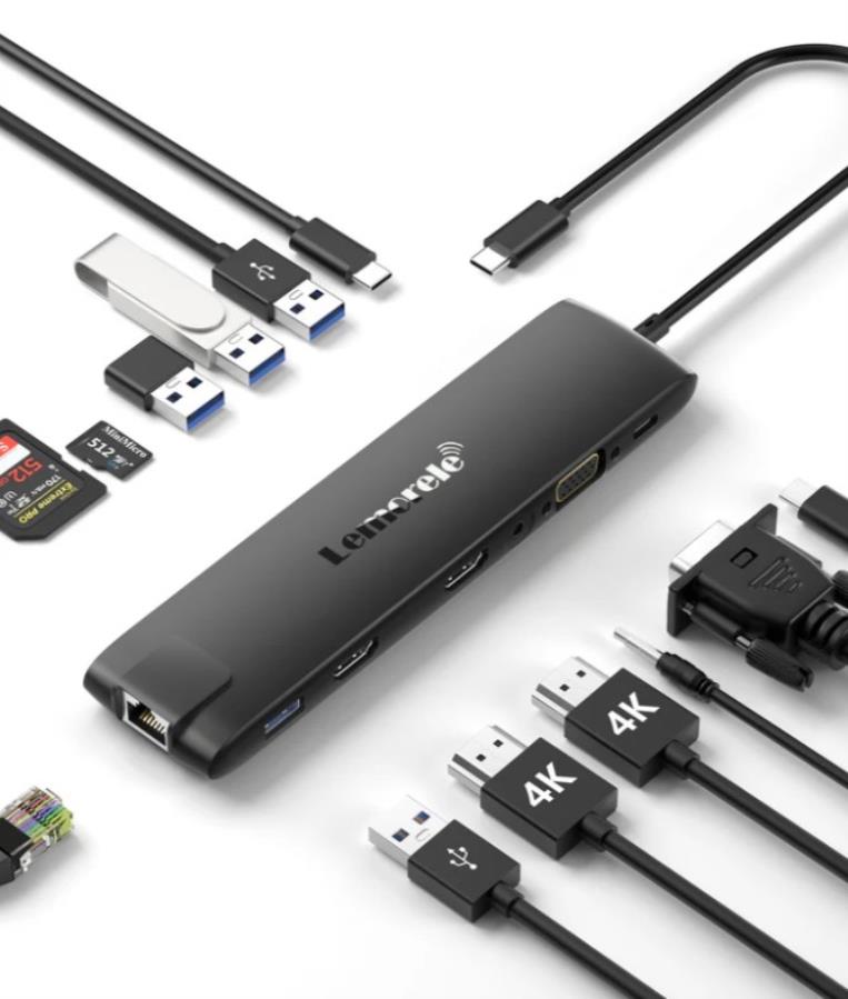 Lemorele TC96 - HUB USB 3.1 - USB-C a 3 x USB-A + 2 x HDMI + Ethernet GB + Lector Tarjetas + USB-C PD 100W + Audio