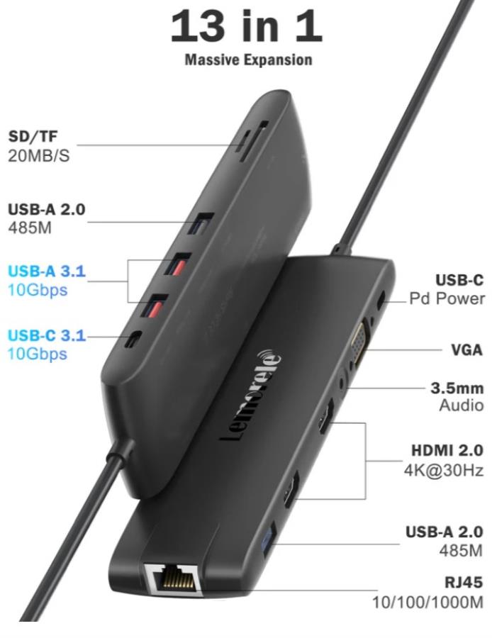 Lemorele TC96 - HUB USB 3.1 - USB-C a 3 x USB-A + 2 x HDMI + Ethernet GB + Lector Tarjetas + USB-C PD 100W + Audio