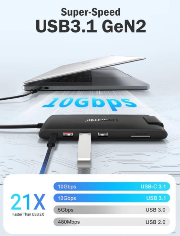 Lemorele TC96 - HUB USB 3.1 - USB-C a 3 x USB-A + 2 x HDMI + Ethernet GB + Lector Tarjetas + USB-C PD 100W + Audio