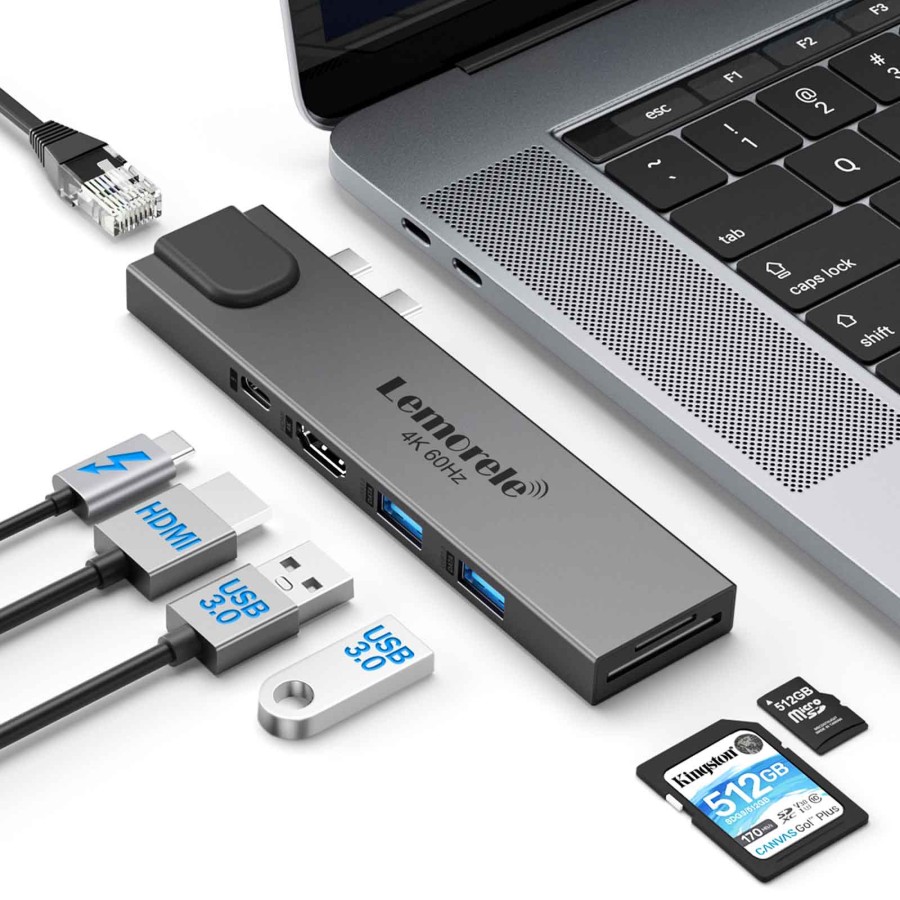 Lemorele TC47 - USB 3.0 Hub for MacBook - 2xUSB-C to 2xUSB-A + HDMI 4K@60Hz + Ethernet + Card Reader + USB-C