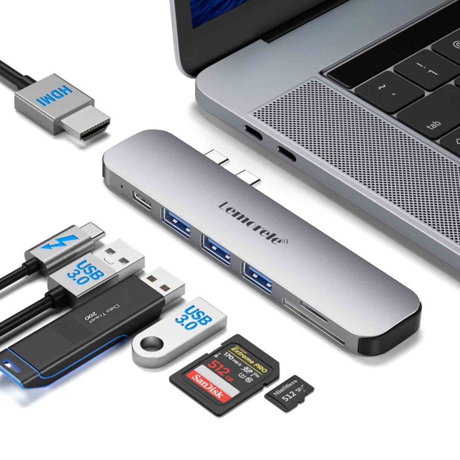 Lemorele TC52 - Hub USB 3.0 MacBook - 2xUSB-C a 3xUSB-A + HDMI 4K@30Hz + 2xLector Tarjeta + USB-C Thunderbolt