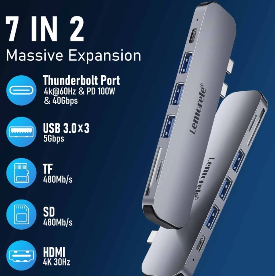 Lemorele TC52 - Hub USB 3.0 MacBook - 2xUSB-C a 3xUSB-A + HDMI 4K@30Hz + 2xLector Tarjeta + USB-C Thunderbolt