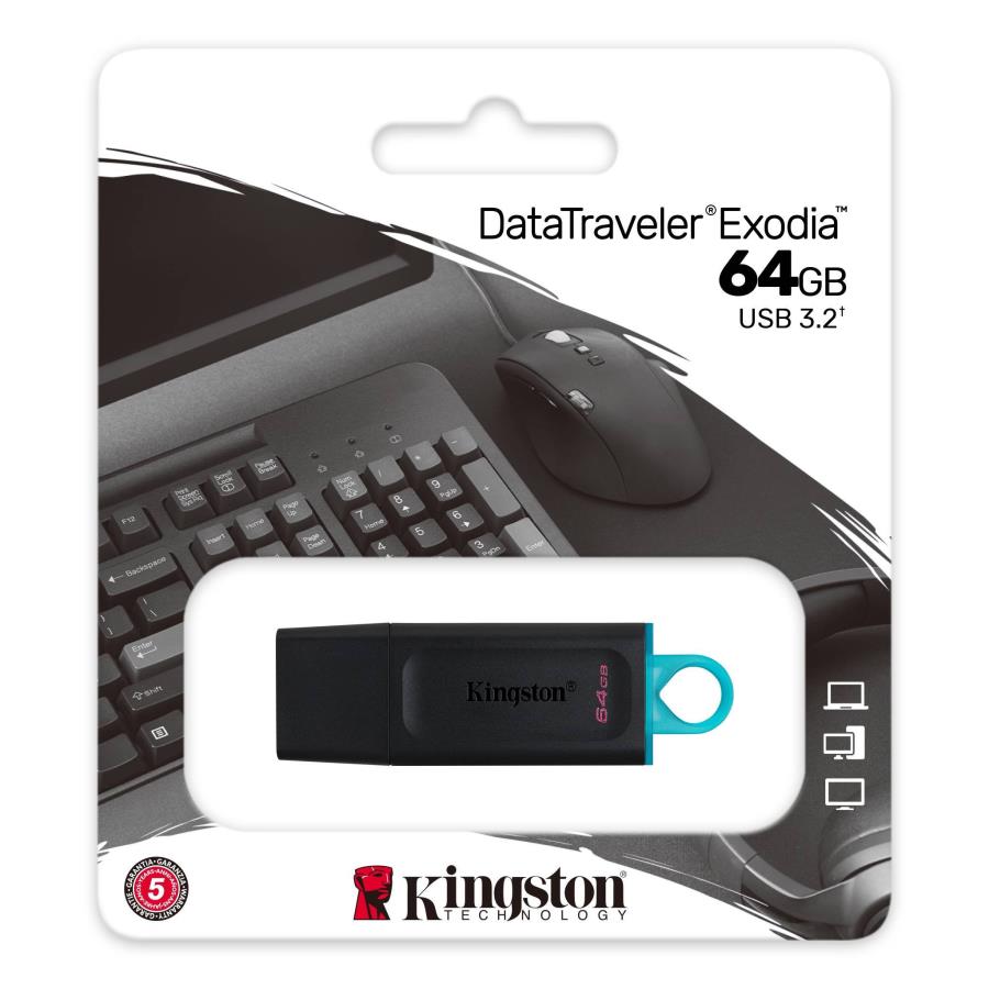 Kingston DataTraveler Exodia 64 Gb - Pendrive USB-A 3.2 Gen 1 - 64 Gb - Lectura: 120 Mb/s; Grabación: 27Mb/s - Negro/Azul - DTX/64GB