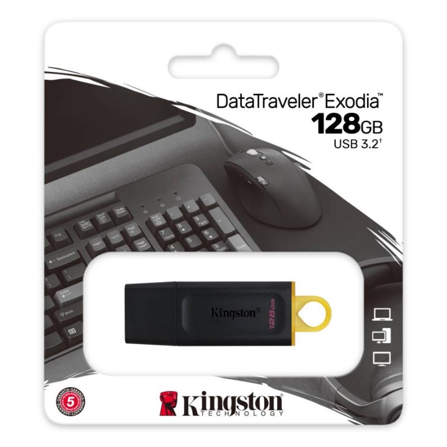 Kingston DataTraveler Exodia 128 Gb - Pendrive USB-A 3.2 Gen 1 - 128 GB - Leitura: 120 MB/s; Gravação: 27 MB/s - Preto/Amarelo - DTX/128GB
