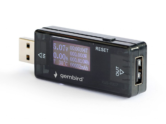 Gembird EG-EMU-03 - Medidor USB - Voltímetro y Amperímetro, Consumo Energético y Temperatura