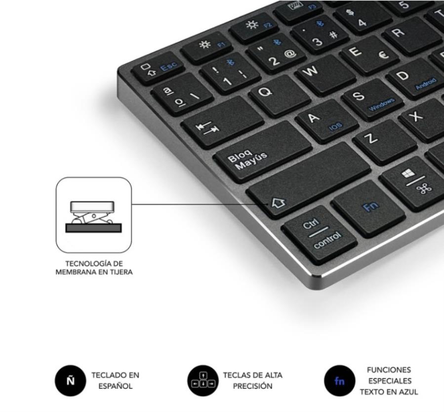 SUBBLIM SUB-KB-3ADE301 - Teclado de Membrana de Tijera - Bluetooth -Aluminio - Gris/Negro