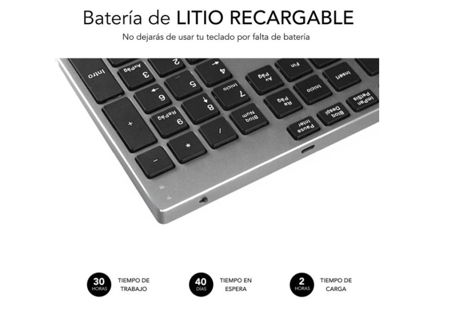 SUBBLIM SUB-KB-3ADE301 - Teclado de Membrana de Tijera - Bluetooth -Aluminio - Gris/Negro