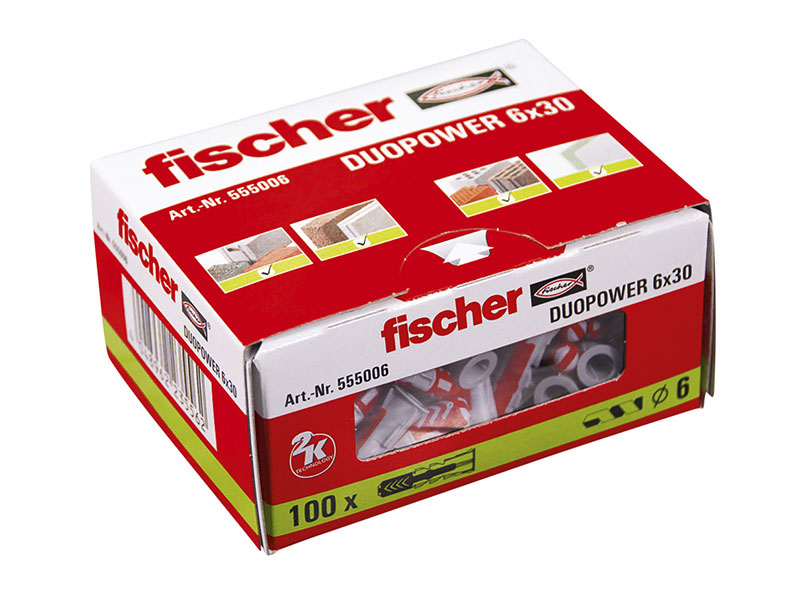 Fischer DuoPower 6 x 30 S K NV - Nylon Wall Plug, diameter of the fixing hole 6 mm, length 30 mm - 100 units Box - 555006