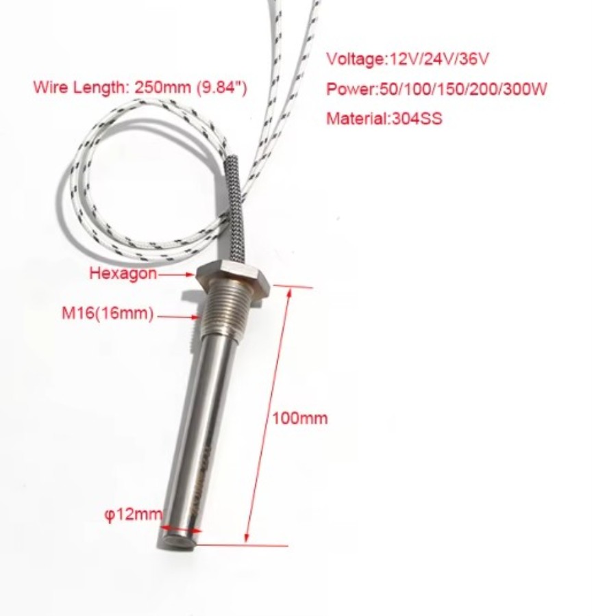 Cartucho calefactable M16 - 12V 100W - 12x100mm - SS304
