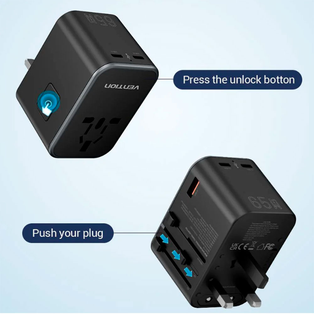VENTION FJDB0 - Adaptateur de Voyage Universel GaN 65W avec 2 USB-C et USB-A Charge Rapide