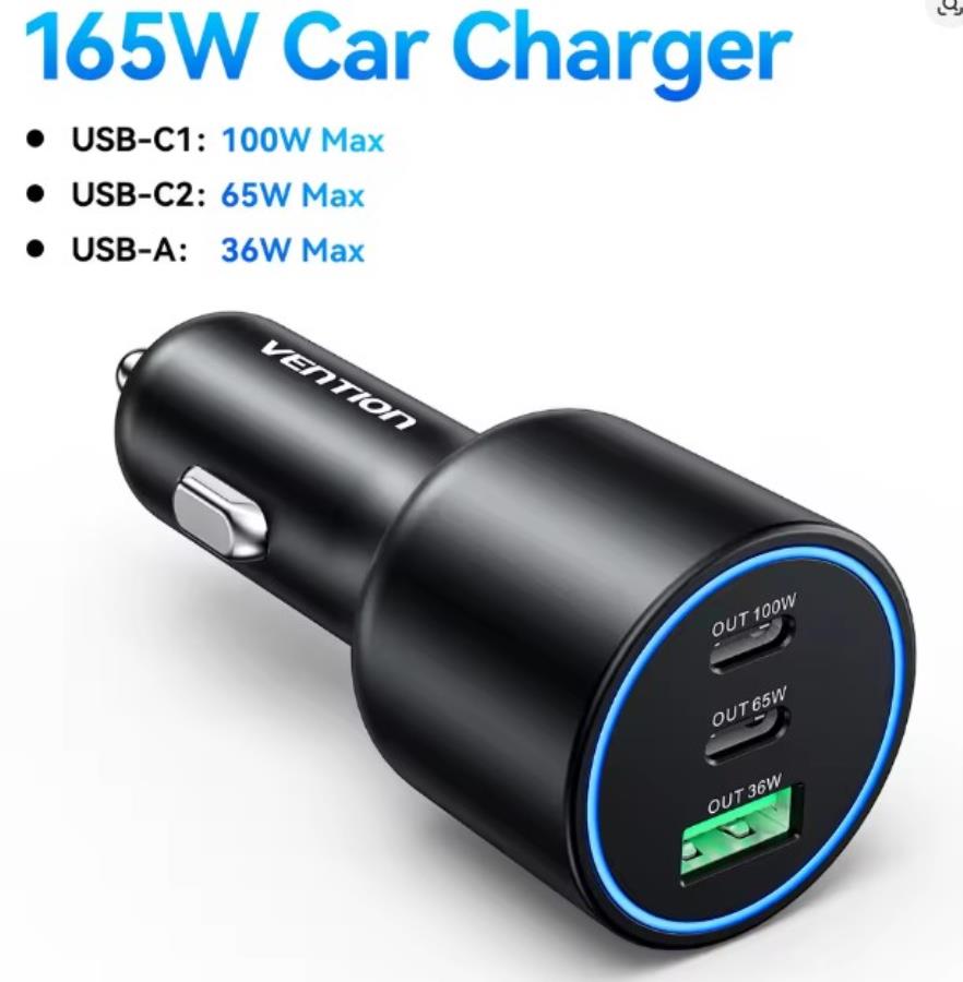 VENTION FFP - Alimentação 2xUSB-C + USB-A para isqueiro de automóvel - 165 W