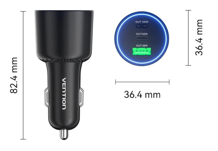 VENTION FFP - Fonte de alimentação 2xUSB-C + USB-A para isqueiro de automóvel - 165 W