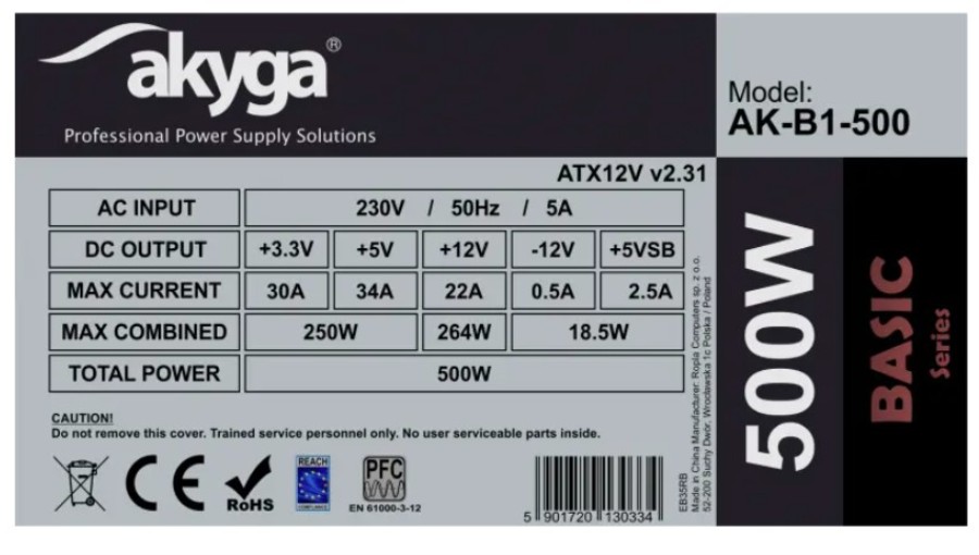 Akiga ATX AK-B1-500 - 500W ATX Switched Power Supply - Efficiency 70%