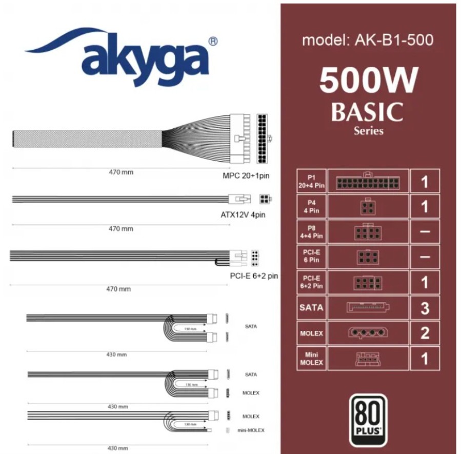 Akiga ATX AK-B1-500 - 500W ATX Switched Power Supply - Efficiency 70%