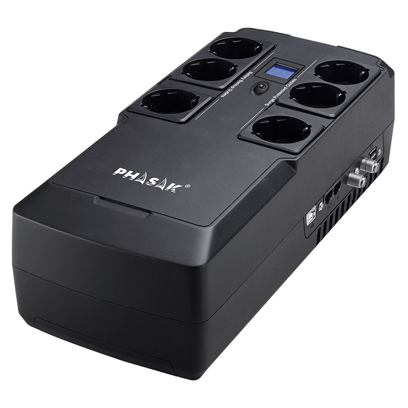 Phasak PH 9478 - Onduleur line-interactive 850 VA / 480 W, AVR, 8 prises Schuko et USB-C