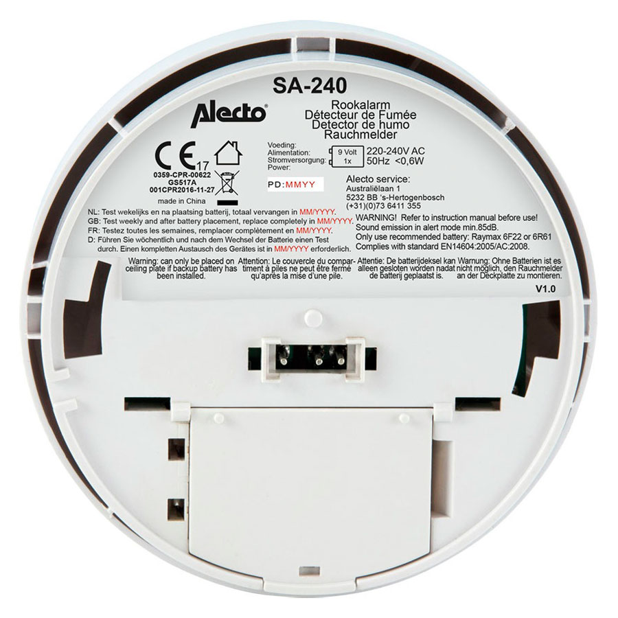 Alecto SA-241 - Détecteur de Fumée avec Connexion Directe à 220V et Batterie de Secours 9V