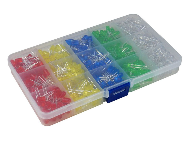 Kit de 500 Diodes LED Diffuses 5 mm: Bleu, Jaune, Blanc, Rouge et Vert