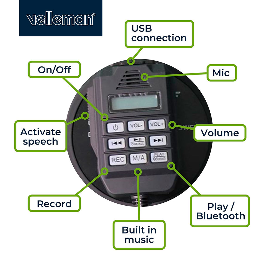 Velleman MP66S - Mégaphone 50W, Microphone à Main, Enregistrement de 700 secondes, USB, Bluetooth